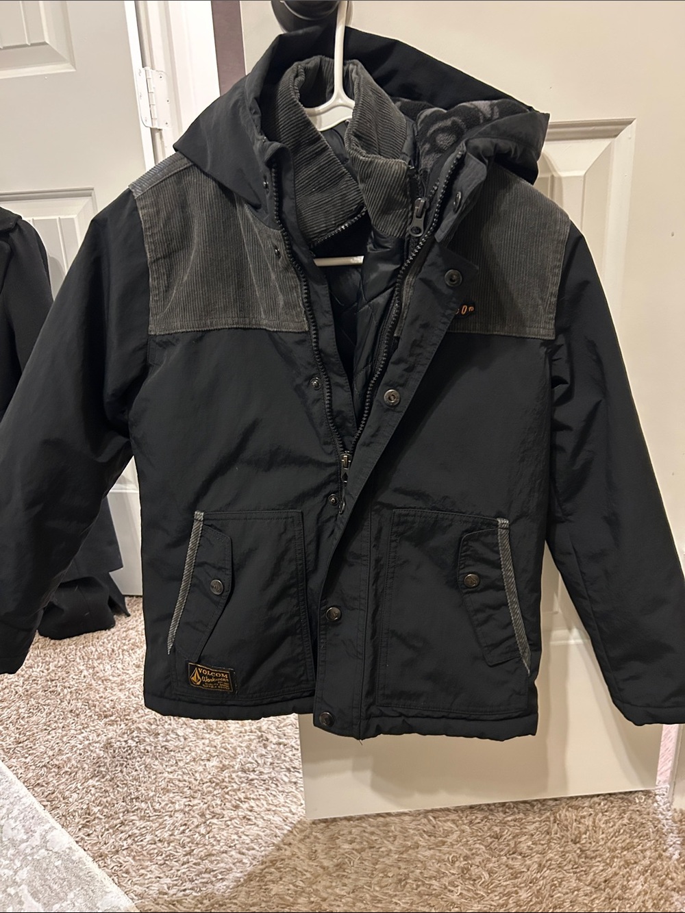 Volcom Black Boys' Hooded Puffer Jacket with Corduroy Yoke